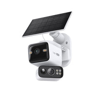 TC93D KIT dual-lens solar-powered pan and tilt security camera with solar panel, studio shot showing fixed and pan/tilt lens modules