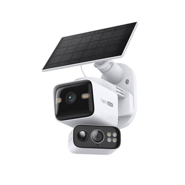 TC93D KIT dual-lens solar-powered pan and tilt security camera with solar panel, studio shot showing fixed and pan/tilt lens modules