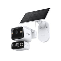 TC93D KIT dual-lens security camera with solar panel, front angled view