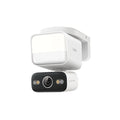 Tapo C710 outdoor pan and tilt security floodlight camera, three-quarter view, floodlight illuminated