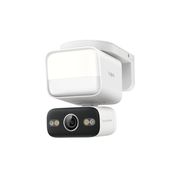 Tapo C710 outdoor pan and tilt security floodlight camera, three-quarter view, floodlight illuminated