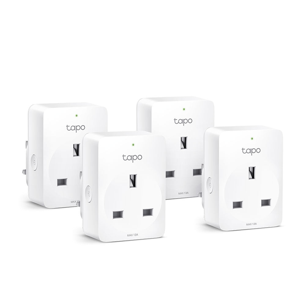 Tapo P100 mini smart Wi-Fi socket, 4-pack — product view showing four plugs