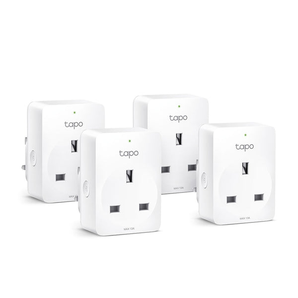 Tapo P110 mini smart Wi-Fi socket, 4-pack — product view showing four plugs