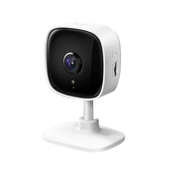 Tapo C110 home security Wi-Fi camera on desk stand, front three-quarter view