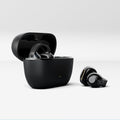 Sennheiser ACCENTUM Clip Open-Ear Earphones Black — case and earbuds, studio angle