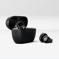 Sennheiser ACCENTUM Clip Open-Ear Earphones Black — case and earbuds, studio angle