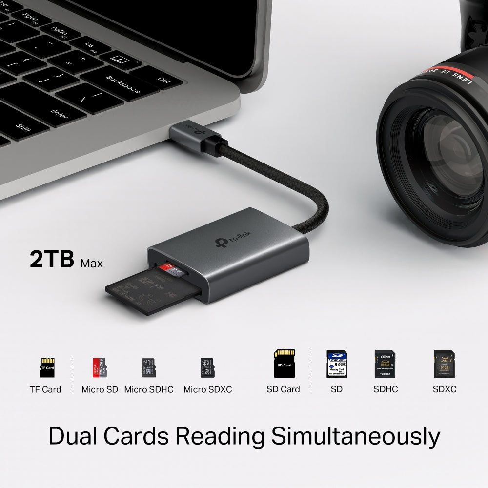 TP-Link UA430C USB Type-C to SD&TF 3.0 Adapter — in-use with laptop and camera, dual card slots visible