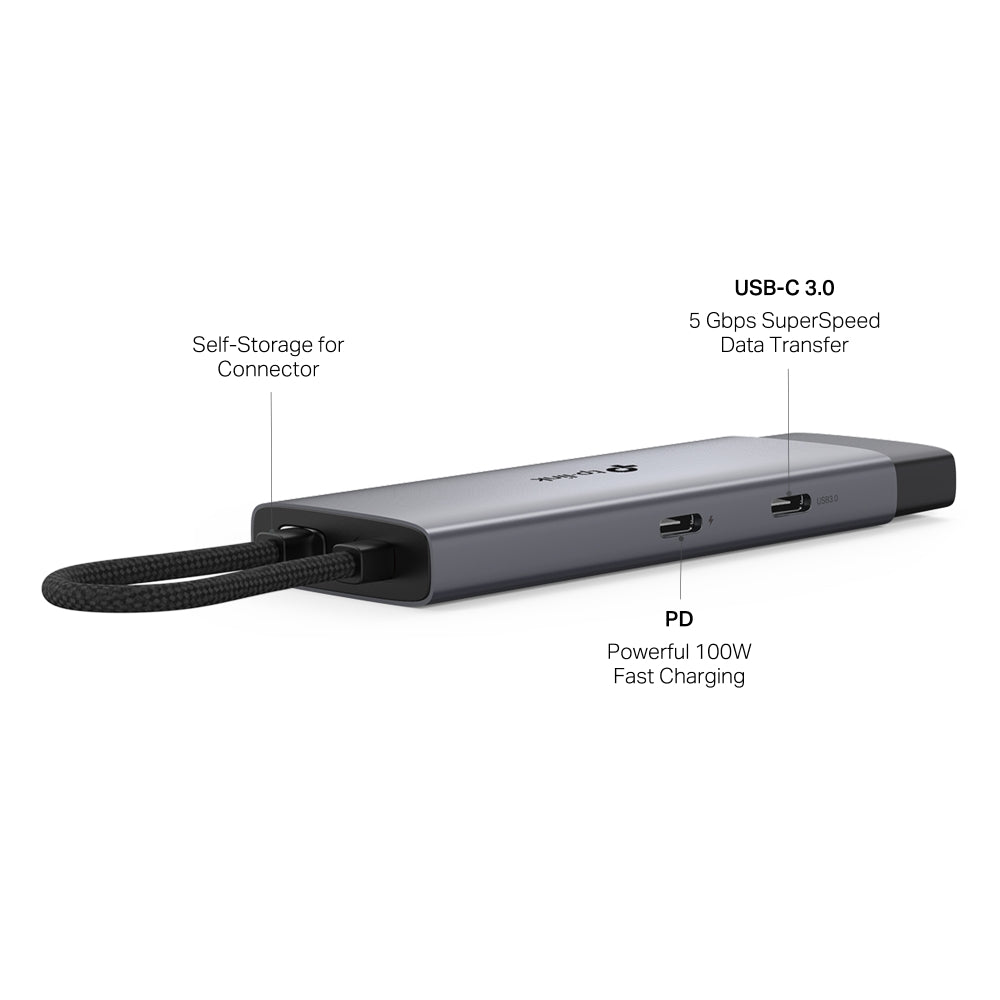 TP-Link UH5020C 5-in-1 USB-C hub with HDMI, PD & USB ports — labelled port-callout view (USB-C, PD, USB-A)