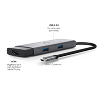 TP-Link UH5020C 5-in-1 USB-C hub with HDMI, PD & USB ports — labelled port-callout view (USB-A, HDMI, USB-C)