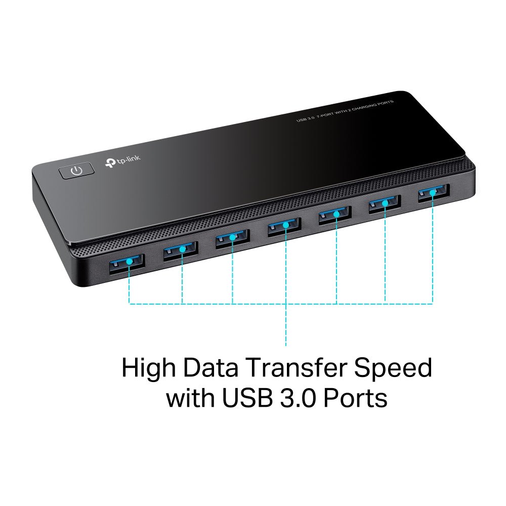 TP-Link UH720 USB 3.0 7-Port Hub 2 Charging Ports — labelled port-callout view highlighting USB 3.0 ports