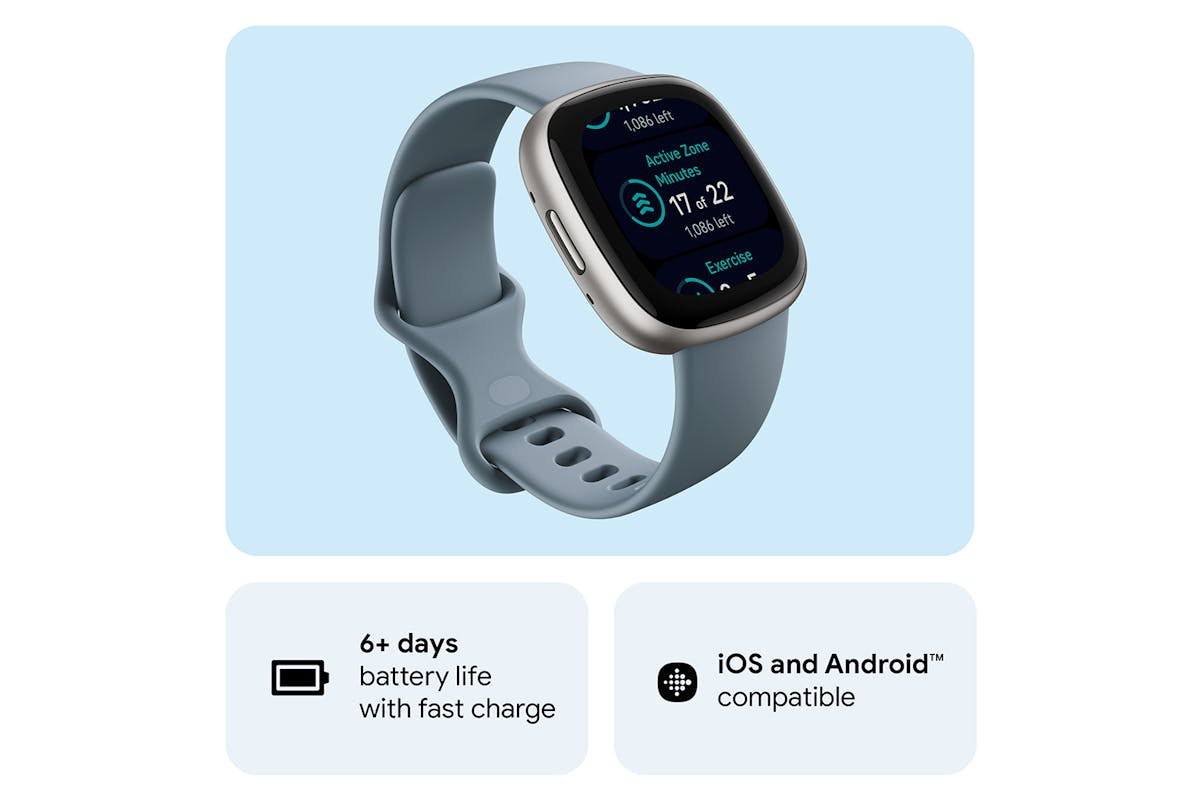 Fitbit Versa 4 - Fitness Smartwatch with GPS, NFC Payments & 40+ Exercise Modes - Waterfall Blue/Platinum | 79-FB523SRAG