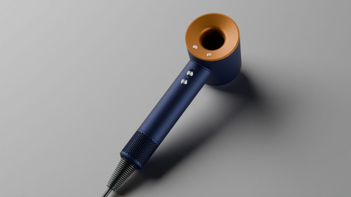 Dyson Supersonic Origin Hair Dryer - Prussian Blue/Rich Copper - angled view