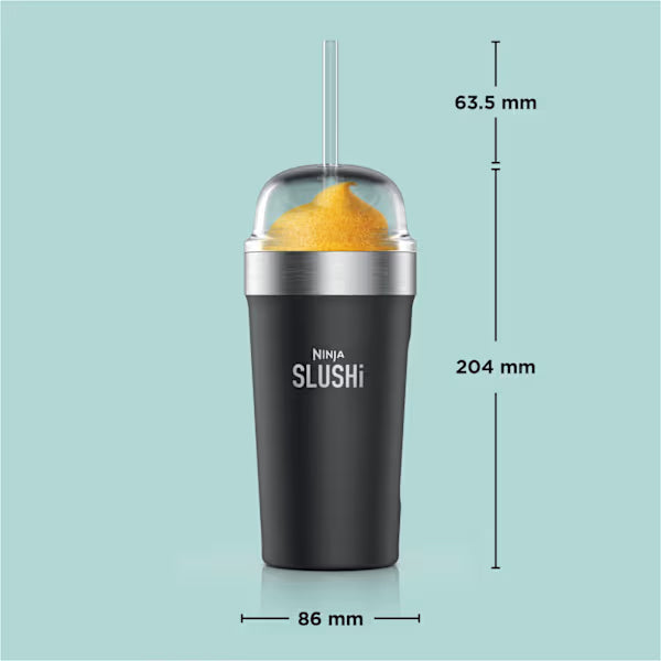 Ninja SLUSHi Black insulated bubble cup dimension diagram, 204mm tall x 86mm diameter