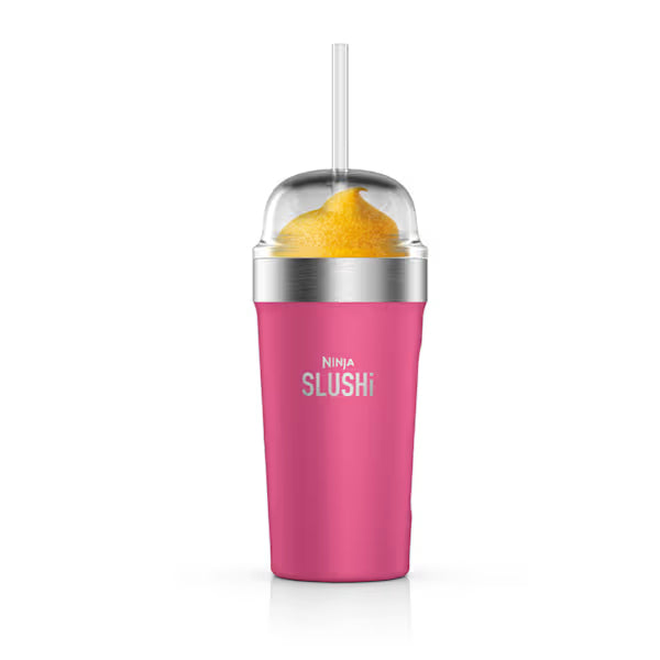 Ninja SLUSHi insulated bubble cup with lid and straw in Bright Pink, studio product shot