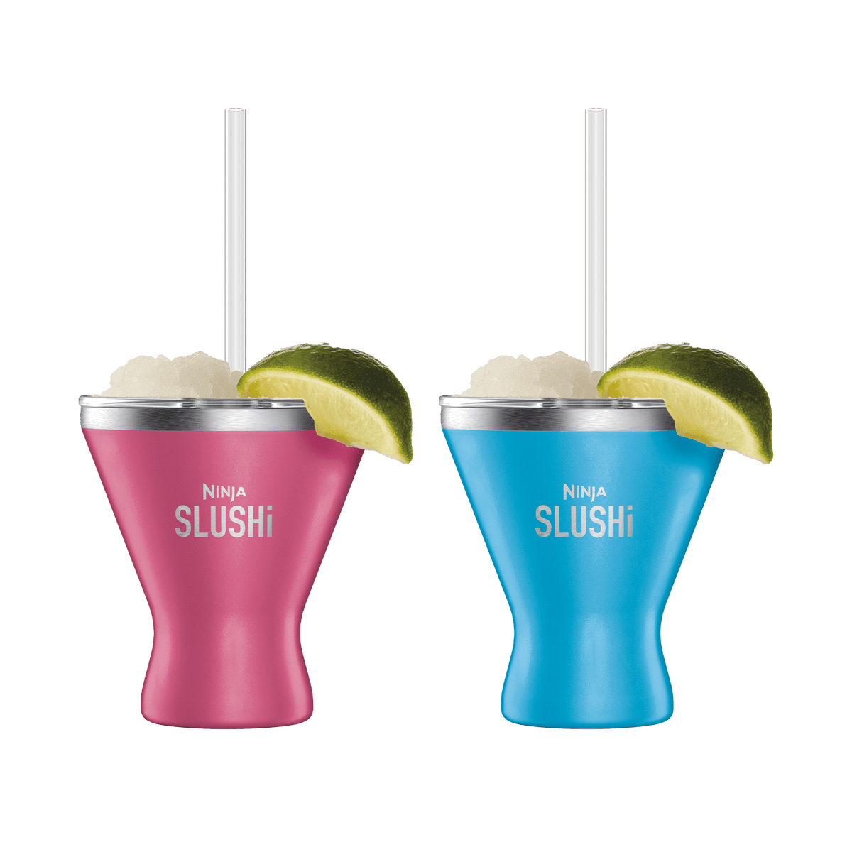 Ninja SLUSHi insulated cocktail cup 2-pack, one Pink and one Bright Blue cup with lime garnish and straws, alternate render
