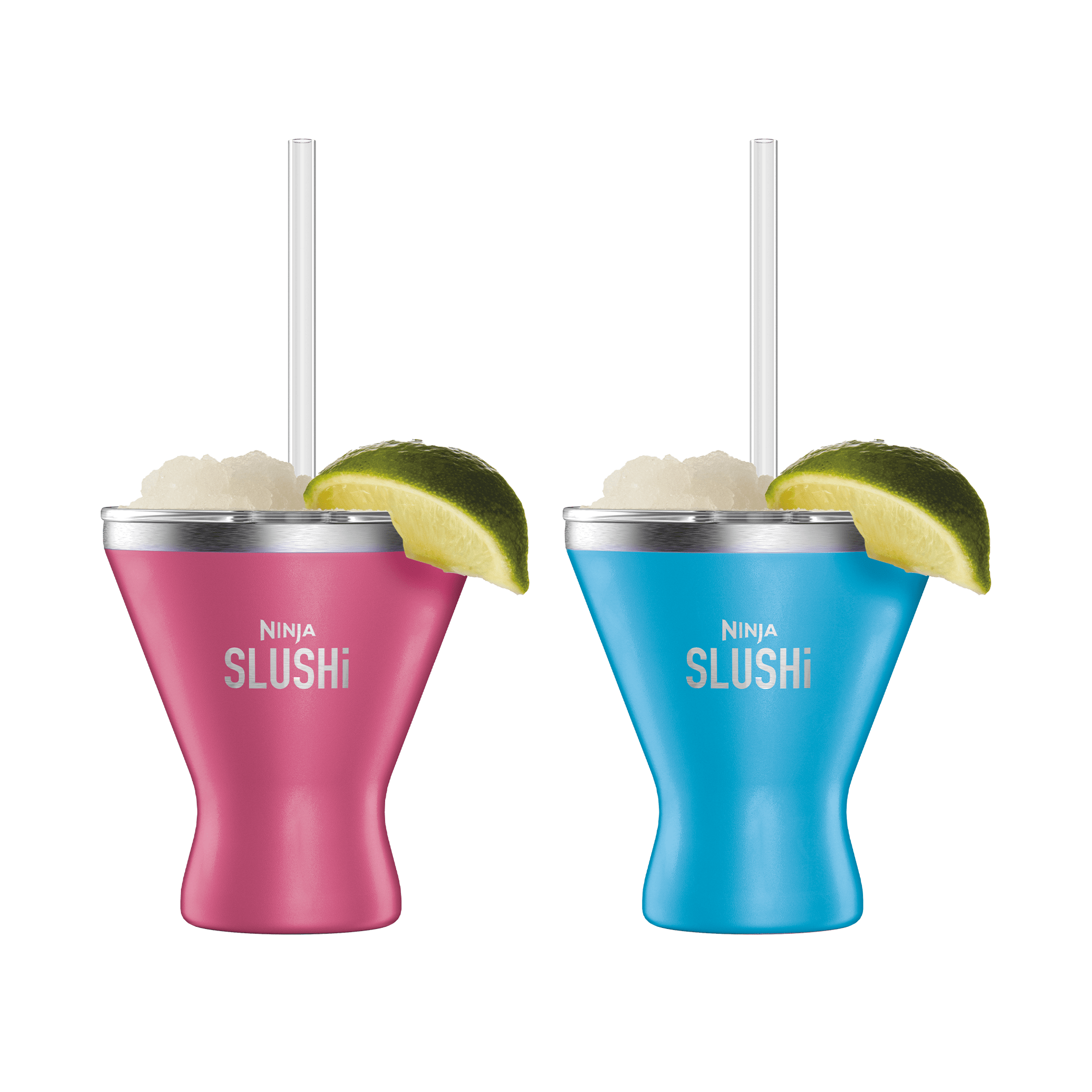 Ninja SLUSHi insulated cocktail cup 2-pack, one Pink and one Bright Blue cup with lime garnish and straws, alternate render