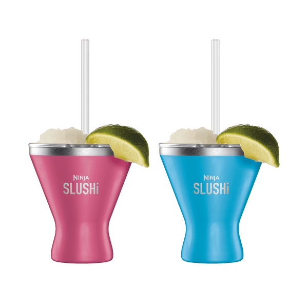 Ninja SLUSHi insulated cocktail cup 2-pack, one Pink and one Bright Blue cup with lime garnish and straws, alternate render