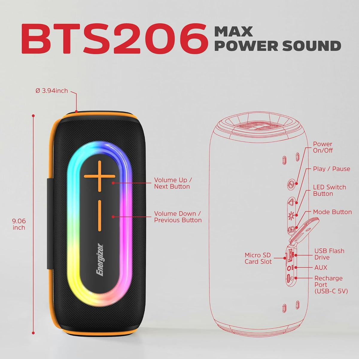 Energizer BTS206-BK Bluetooth speaker with dimensions and button labels