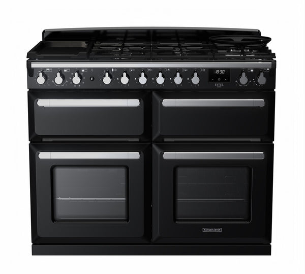 Rangemaster Estel Deluxe 110 Dual Fuel range cooker in Gloss Black with Chrome trim