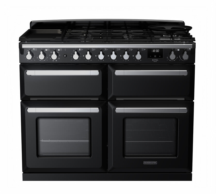 Rangemaster Estel Deluxe 110 Dual Fuel range cooker in Gloss Black with Chrome trim