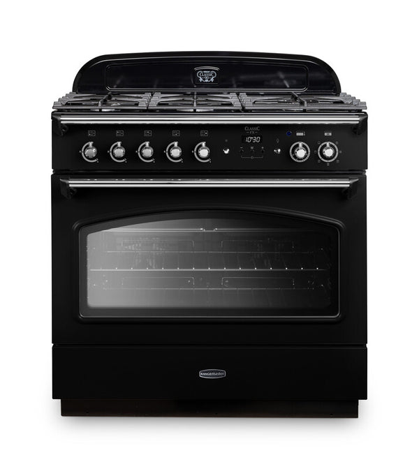 Rangemaster Classic FX 90 Dual Fuel range cooker in Black with Chrome trim