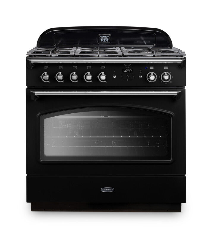 Rangemaster Classic FX 90 Dual Fuel range cooker in Black with Chrome trim