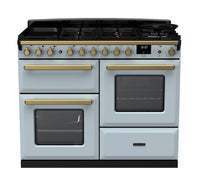 Rangemaster Estel Deluxe 110 Dual Fuel range cooker in Misty Blue with Antique Brass trim