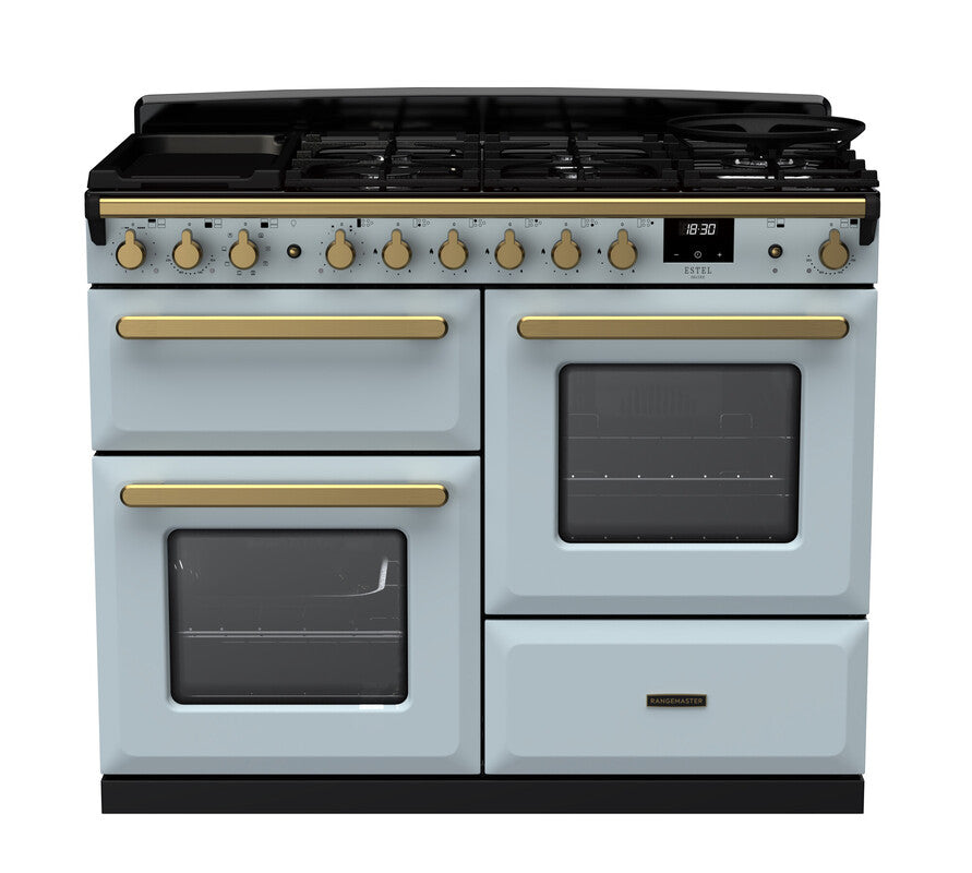 Rangemaster Estel Deluxe 110 Dual Fuel range cooker in Misty Blue with Antique Brass trim
