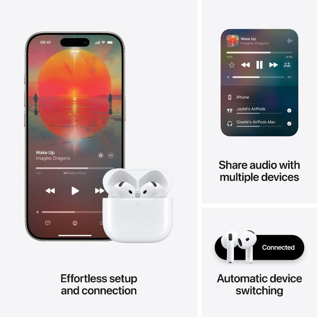 Apple AirPods 4 with iPhone screens showing audio sharing and device switching graphic