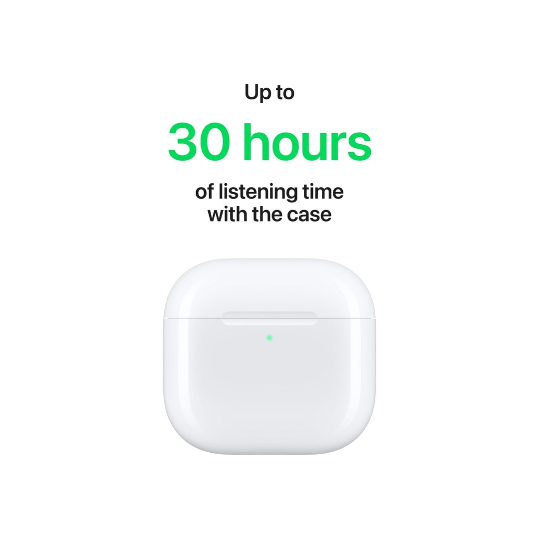 Apple AirPods 4 charging case, closed, with 30 hours listening time graphic