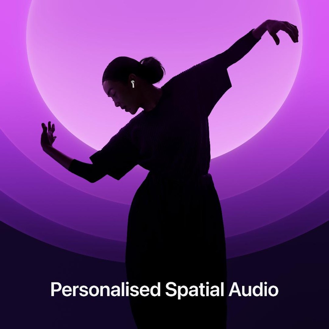 Silhouette of a dancer against a purple background, Apple AirPods 4 Spatial Audio graphic
