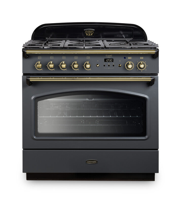 Rangemaster Classic FX 90 Dual Fuel range cooker in Slate with Brass trim