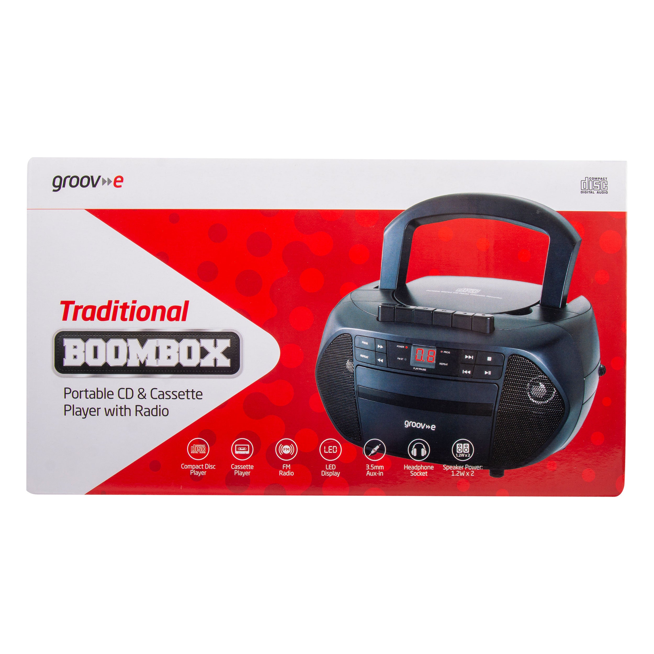 Groov-e Traditional Boombox CD Cassette and FM Radio Black - official product image