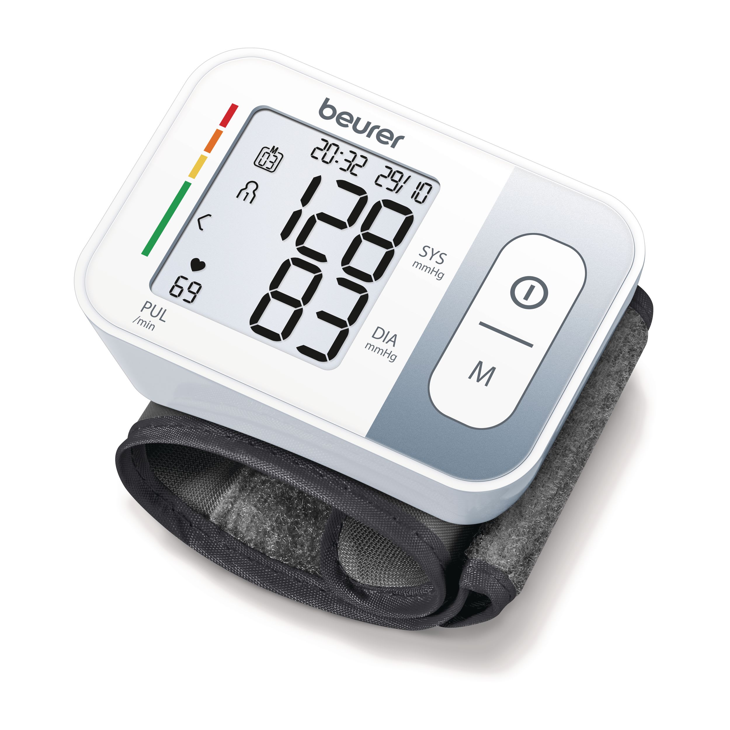 Beurer BC 28 wrist blood pressure monitor, White — angled view with wrist strap