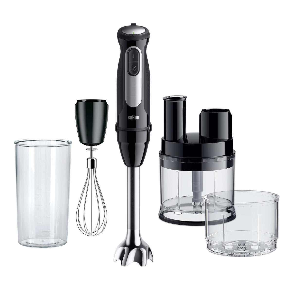 Braun MultiQuick 5 Pro Hand Blender - Black - front view with attachments