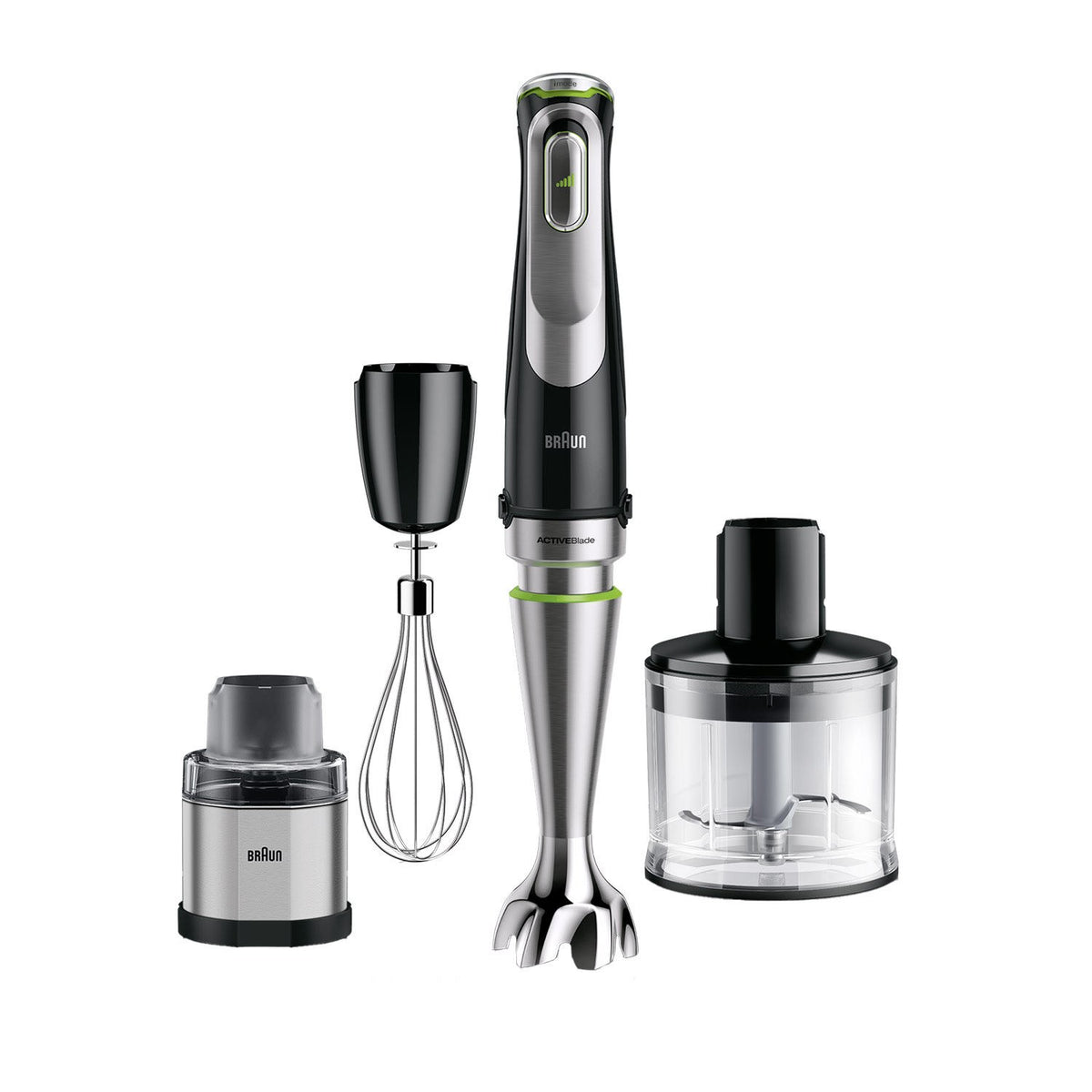 Braun MultiQuick 9 Hand Blender - Black - front view with attachments
