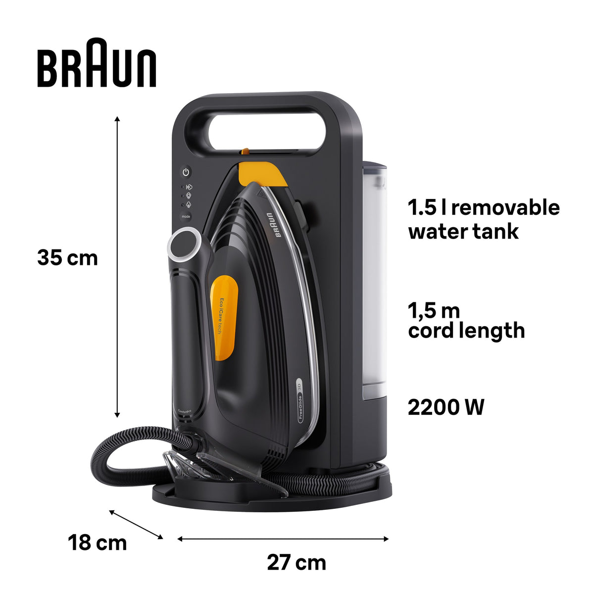 Braun UpStyle 2 Steam Generator Iron - Black - dimensions