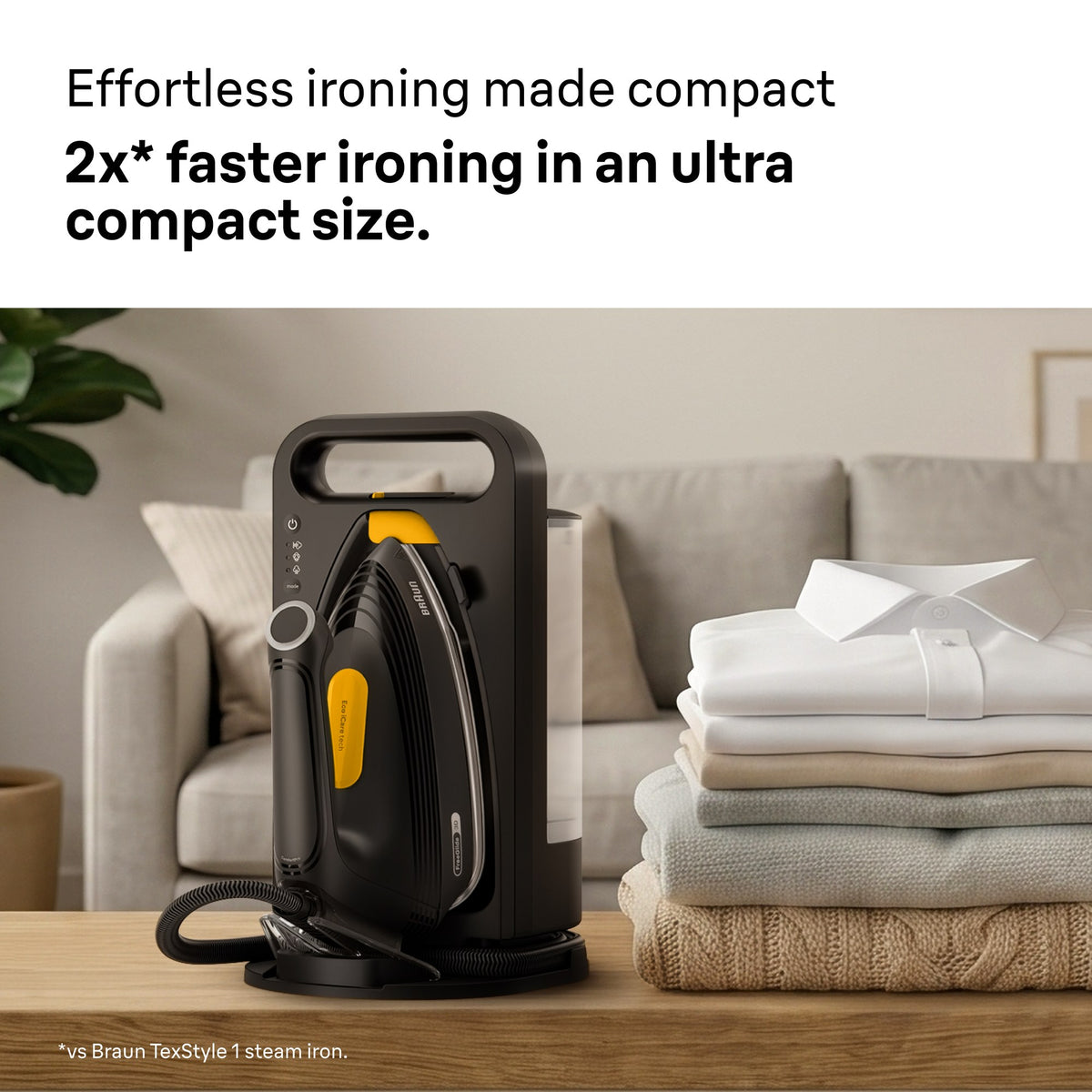 Braun UpStyle 2 Steam Generator Iron - Black - compact base in the living room