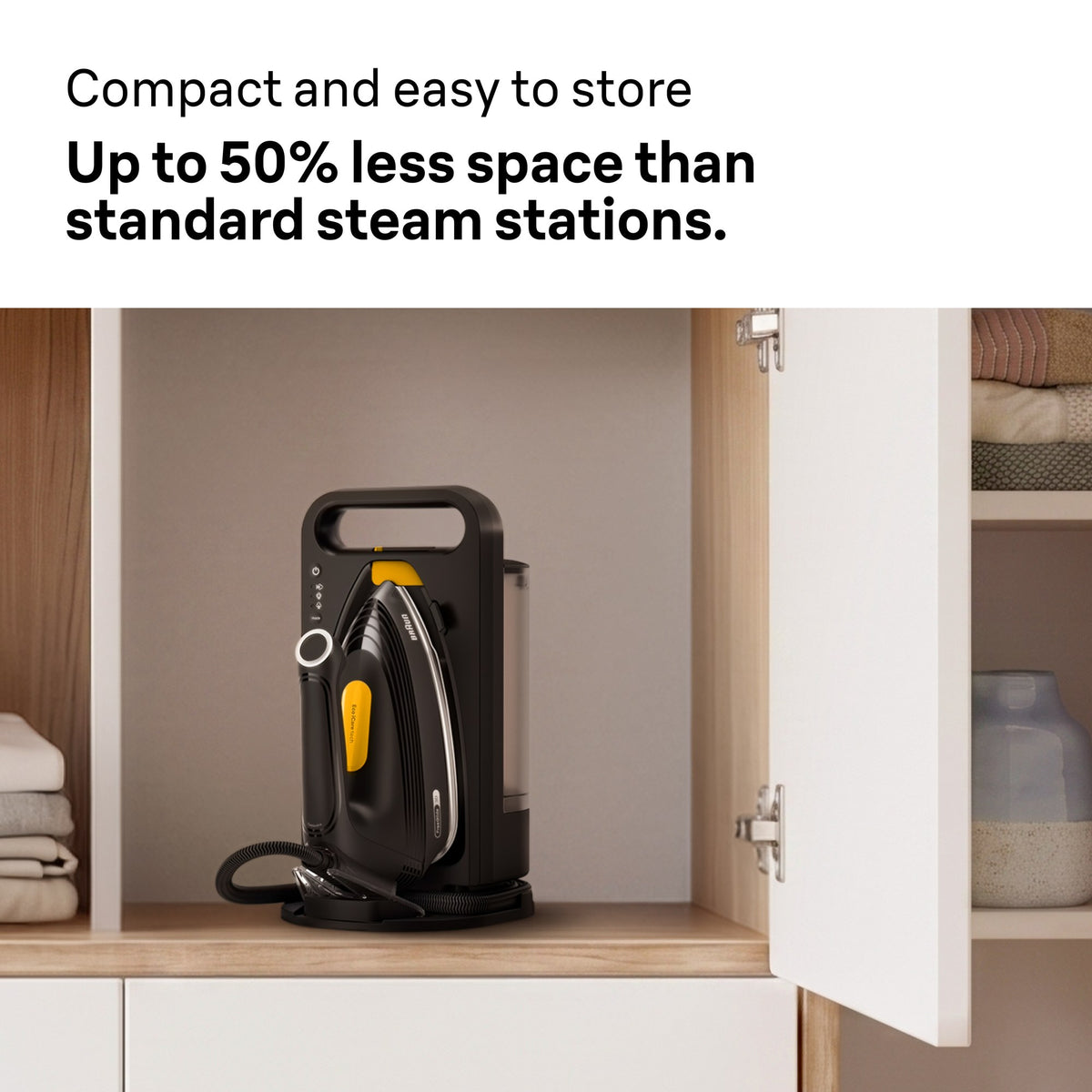 Braun UpStyle 2 Steam Generator Iron - Black - stored in a cupboard