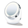 Beurer BS 49 LED Illuminated Cosmetics Mirror 5x Chrome, studio shot showing round mirror with chrome trim on white pedestal base