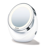 Beurer BS 49 LED Illuminated Cosmetics Mirror 5x Chrome, studio shot showing round mirror with chrome trim on white pedestal base