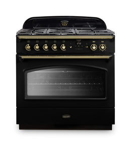Rangemaster Classic FX 90cm Dual Fuel Range Cooker - Black with Brass Trim | CLAS90FXDFFBL/B