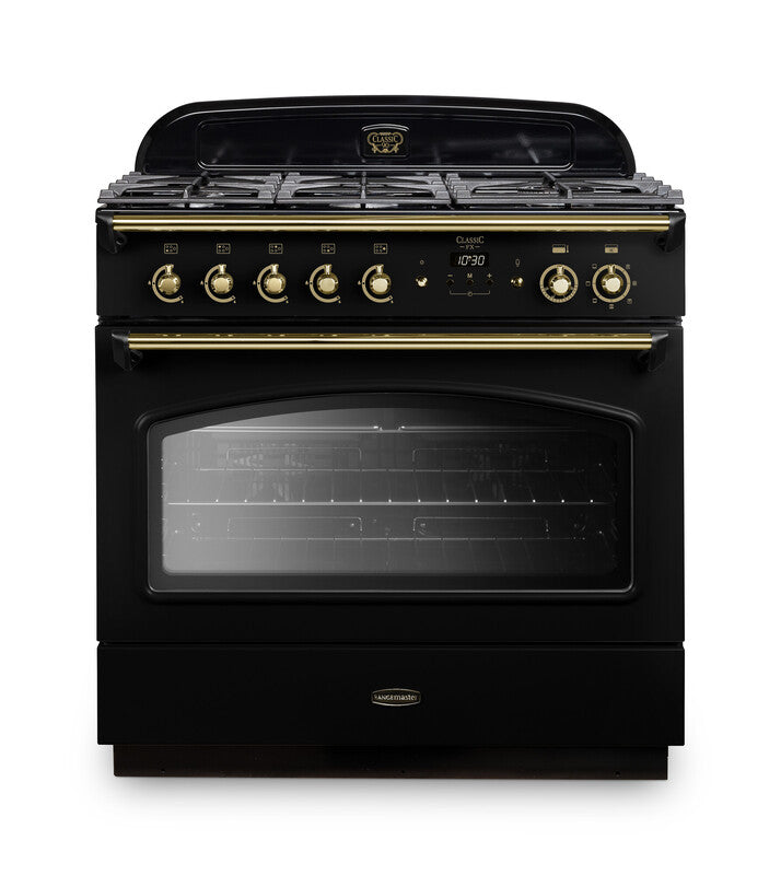 Rangemaster Classic FX 90 Dual Fuel range cooker in Black with Brass trim