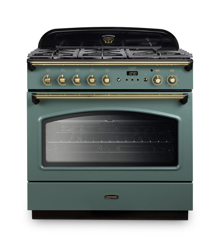 Rangemaster Classic FX 90 Dual Fuel range cooker in Mineral Green with Brass trim