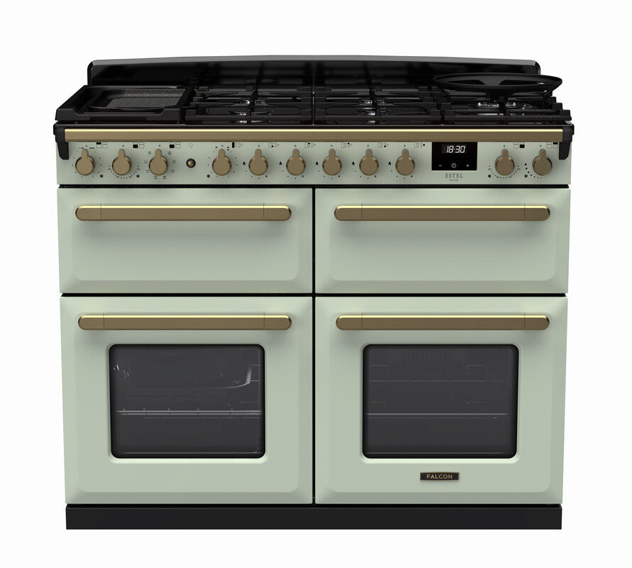 Rangemaster Estel Deluxe 110 Dual Fuel range cooker in Mint with Antique Brass trim