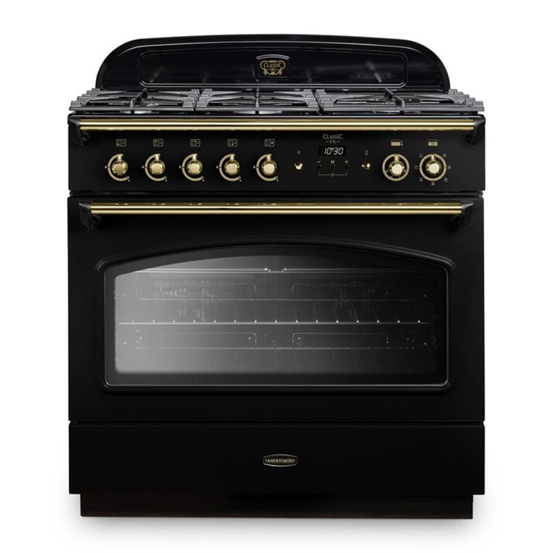 Rangemaster Classic FX 90 Dual Fuel range cooker in Black with Brass trim