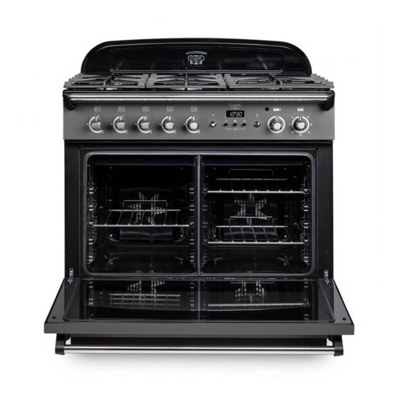 Rangemaster Classic FX 90 Dual Fuel range cooker in Black with Brass trim