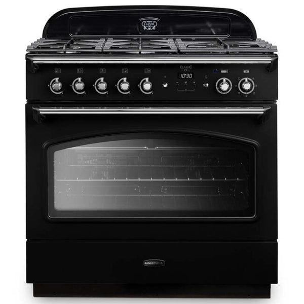 Rangemaster Classic FX 90 Dual Fuel range cooker in Black with Chrome trim