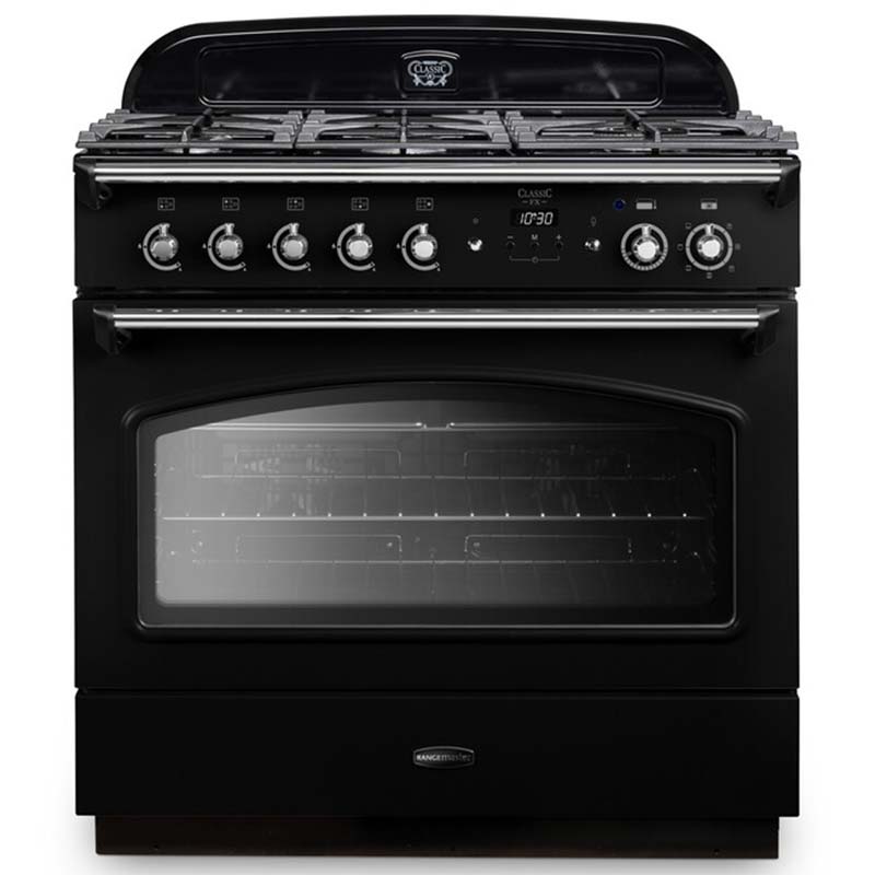 Rangemaster Classic FX 90 Dual Fuel range cooker in Black with Chrome trim