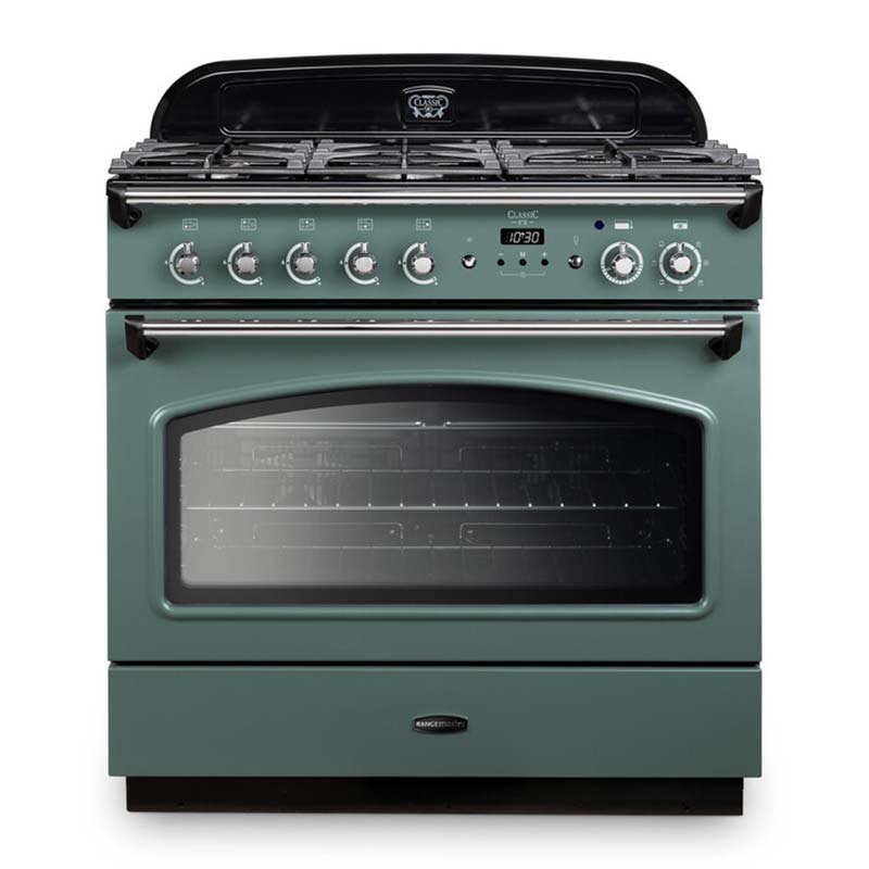 Rangemaster Classic FX 90 Dual Fuel range cooker in Mineral Green with Chrome trim